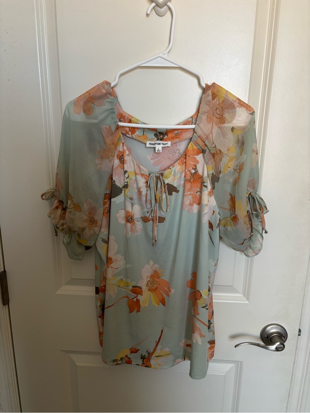 PerSeption Concept Sage Green and Orange Floral Tie-Neck Blouse